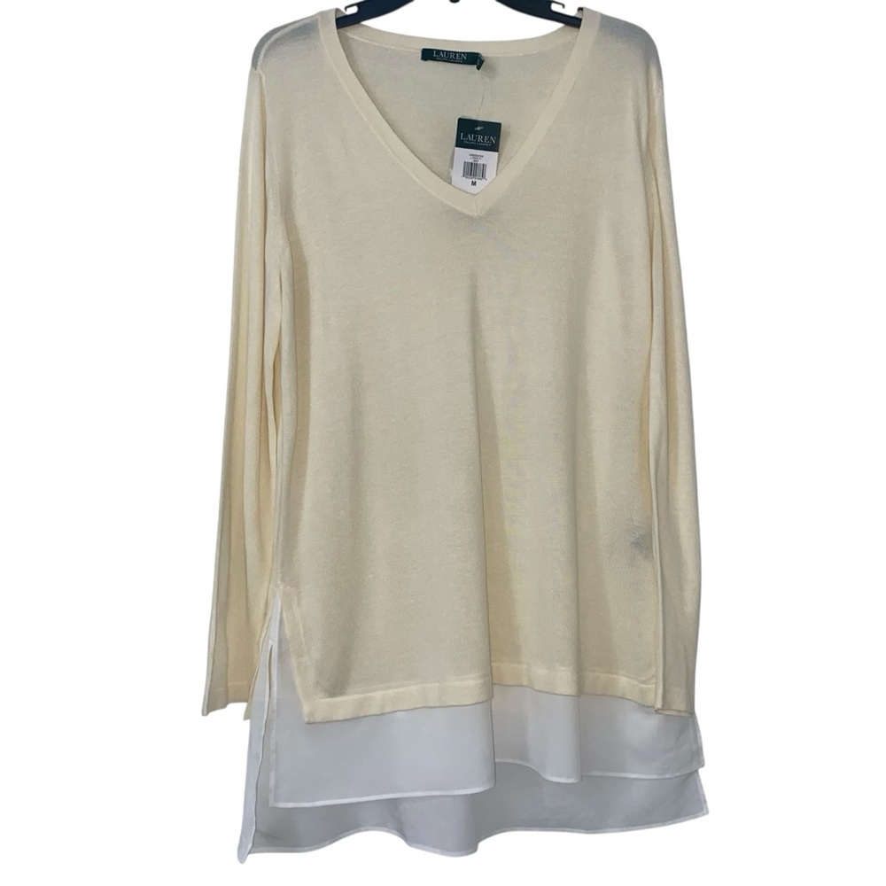 Lauren Ralph Lauren NWT Ivory V-Neck Tunic Silk Blend Layered Bottom Sz Medium